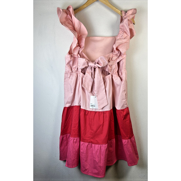 Lauren Conrad large Pink Red Tiered Ruffle Swing Dress Tie Back Cutout Sz L NWT - Picture 4 of 11